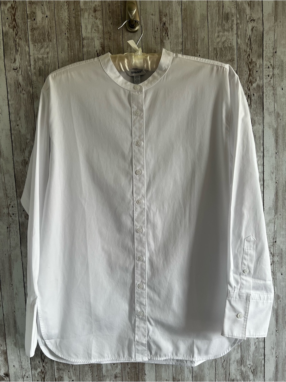SPANX White Poplin Button Down Tunic Dress Shirt Collarless NEW Small
